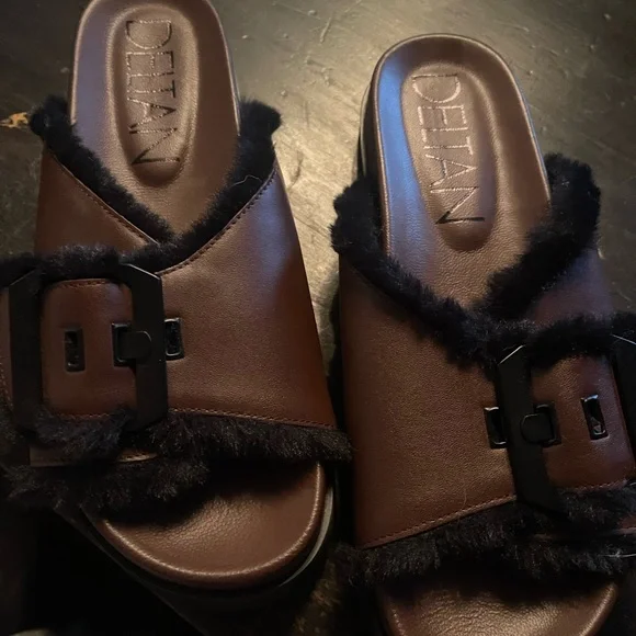 Deltan Women's Black and Brown Fur Buckle Mules - Picture 7 of 7